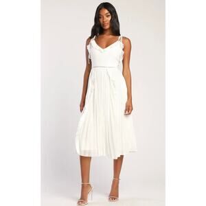 Lulus Womens XS White Never A Dull Moment Tie Strap Pleated Midi Dress NEW